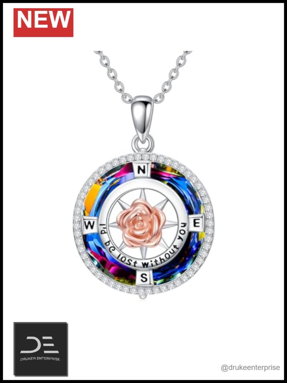 925 Sterling Silver Rose Compass Pendant Necklace, Inspirational Gift for Women